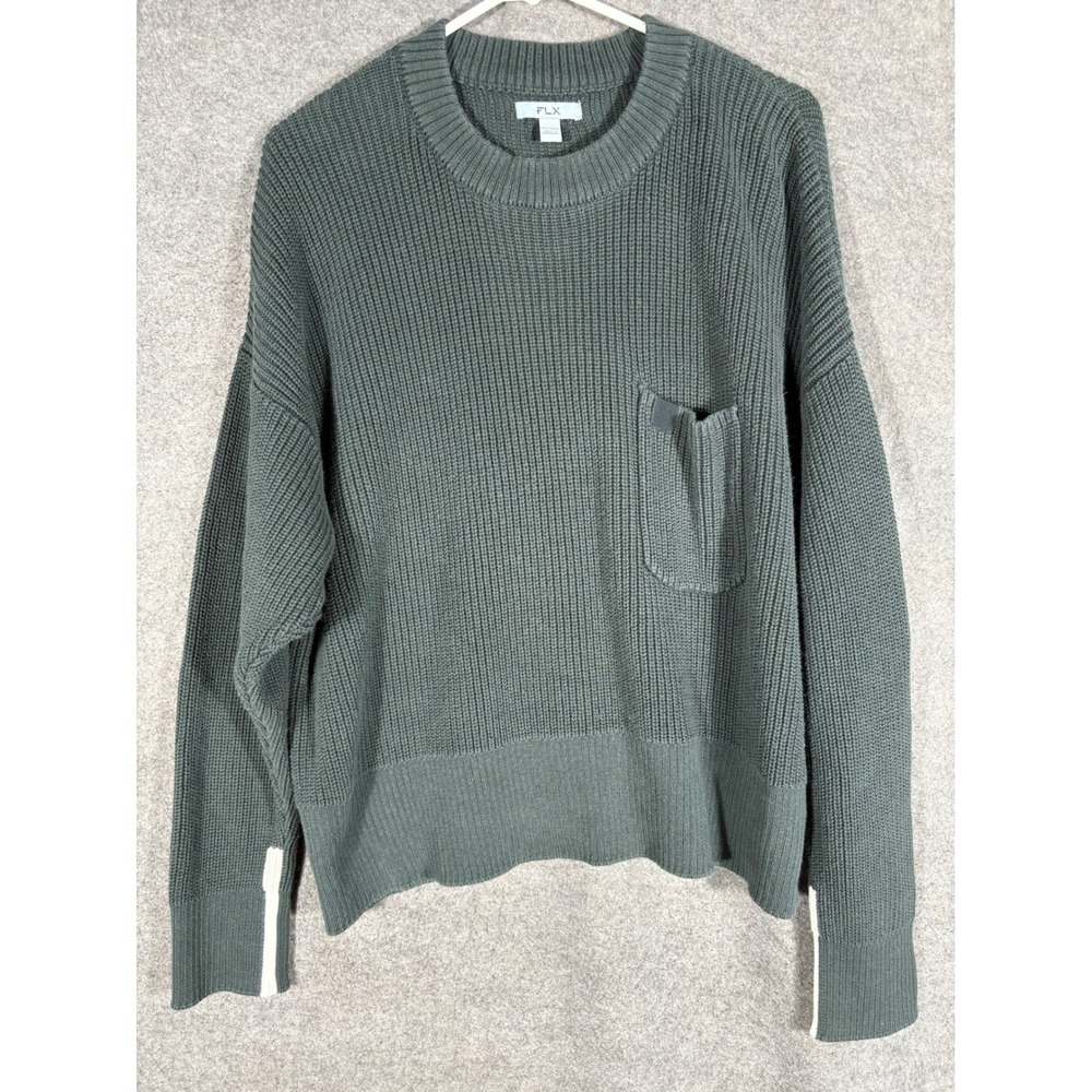 FLX Mens Crewneck Ribbed Knit Pocket Sweater Green XXL Cotton Blend 000231569